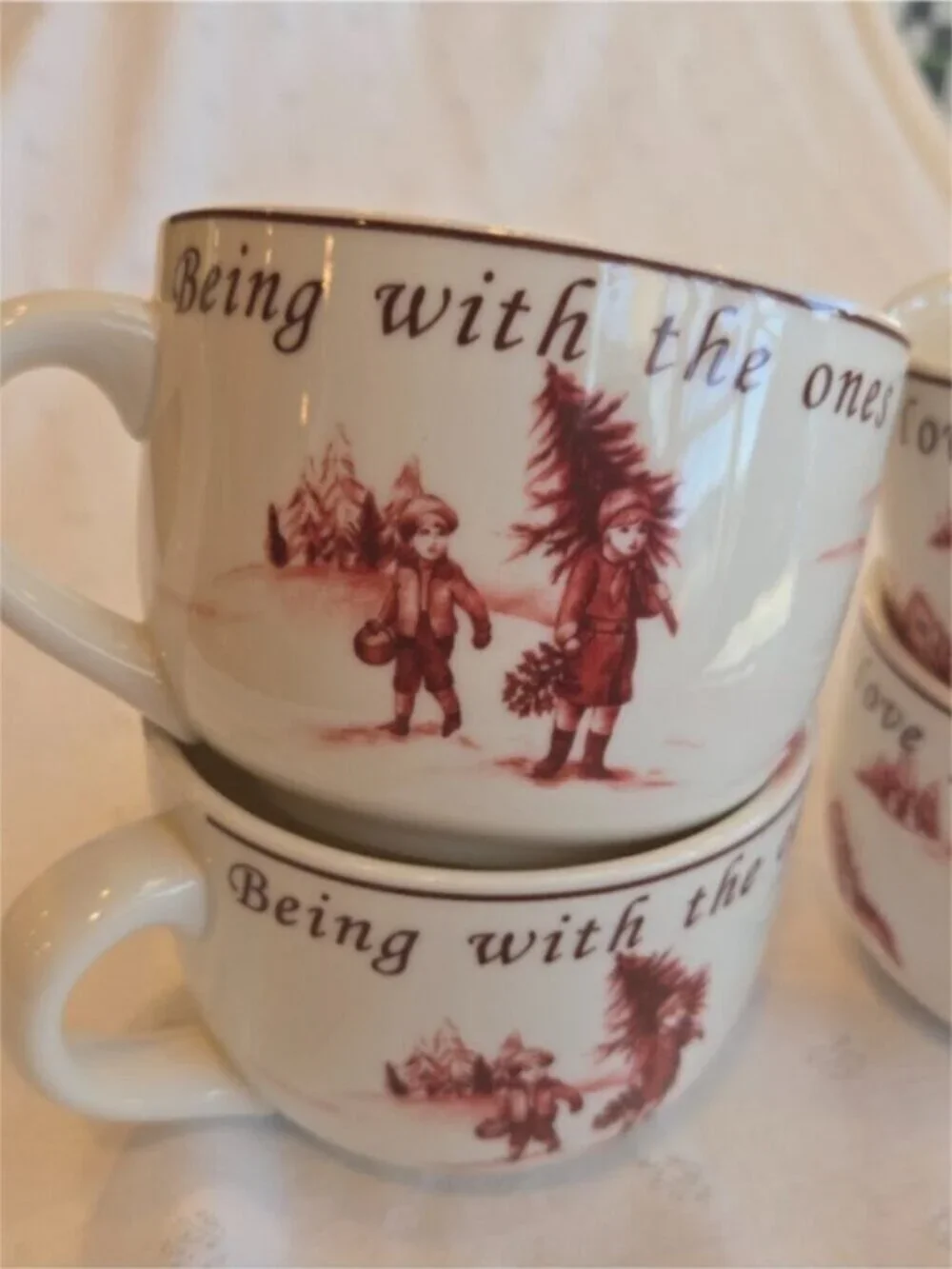 Set of 4 Holiday White Ceramic Mugs with Red Christmas Graphic